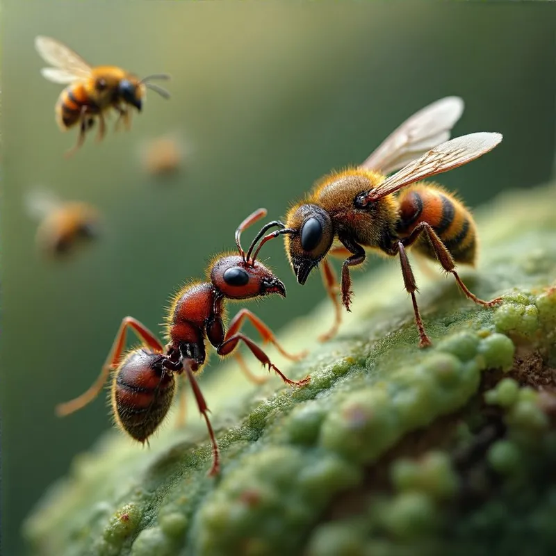Battle Bond - An artistic representation highlighting the camaraderie between a soldier ant and its bee companion during their airborne journey. - AI image generated with HiDream Full - extreme close-up