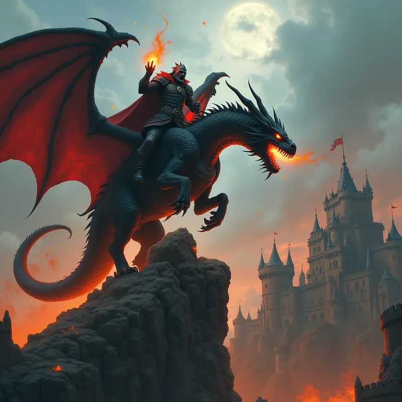 Battle Over the Doom Fortress - A vampire warrior riding a dragon attacking a heavily fortified Warhammer castle. The dragon breathes fire while the vampire casts dark spells from atop. - AI image generated with Photorealistic 2