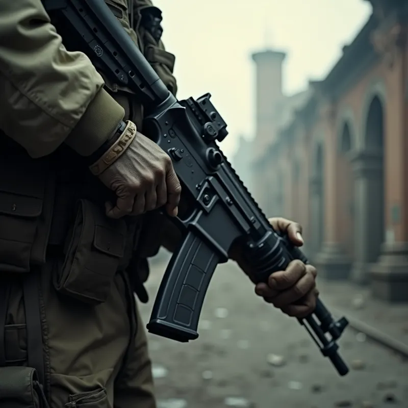 Battle Ready - A close-up of a soldier's hand gripping a weapon, ready for action in a gritty, war-torn environment, inspired by Call of Duty aesthetics. - AI image generated with Photorealistic 2