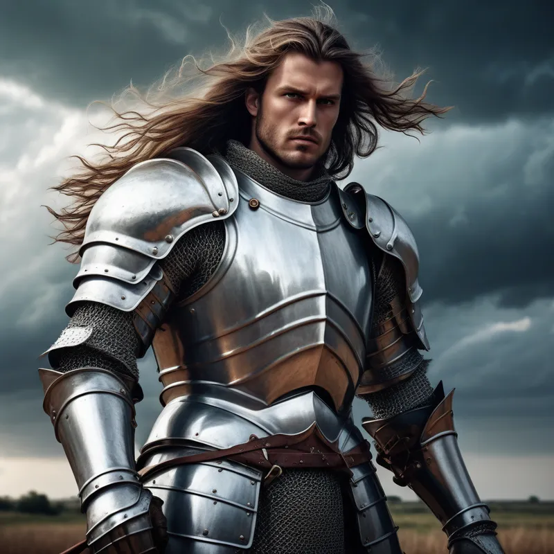 Battle-Ready Noble Warrior - A handsome long-haired knight with windswept hair and gleaming armor, standing on a battlefield before combat, intense yet noble gaze, dramatic stormy sky, heroic fantasy art style, ultra-detailed, dynamic composition - AI image generated with Photorealistic