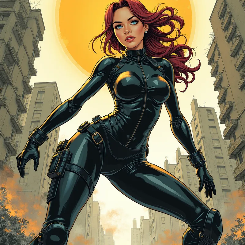 Battle-Ready Woman with Riding Boots - An athletic warrior woman in a sculpted, form-fitting suit, mid-action pose, with glossy black riding boots. The background shows ruined cities reminiscent of post-apocalyptic manga settings, all rendered in vibrant, gritty manga colors and the iconic graphic style of Hokuto no Ken. - AI image generated with Photorealistic 2