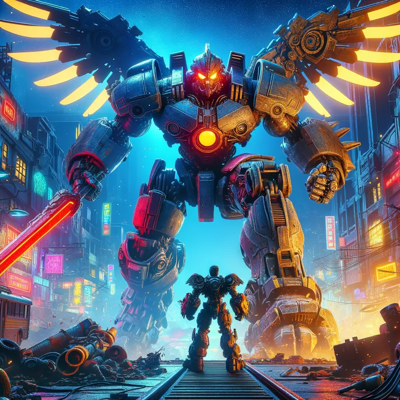 Battle for the City - An epic urban battleground where Gundam Wing Zero faces off against a CG 04 Gelgoog III, amidst a backdrop of a vibrant yet chaotic cityscape. The intensity of the battle is captured in the night-time setting. - AI image generated with Art - deserted street at night, night lighting