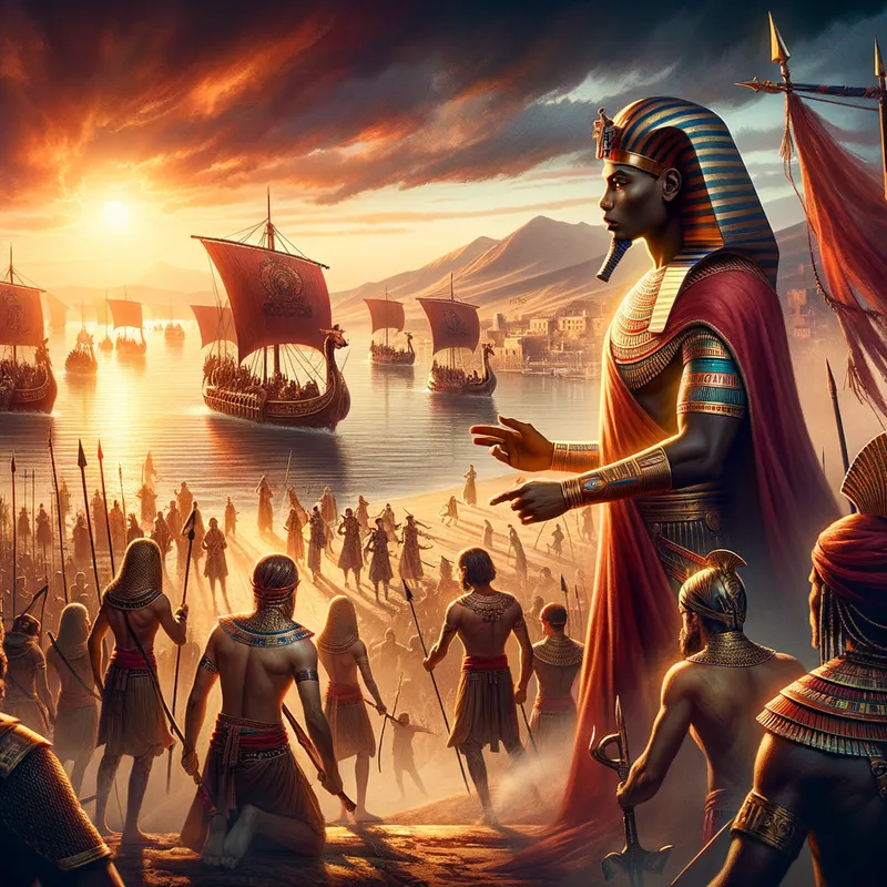 Battle of the Nile - A dramatic scene of a pharaoh commanding his troops along the banks of the Nile River, their ships in the background prepared for naval combat, with the sun setting over the horizon. - AI image generated with Art