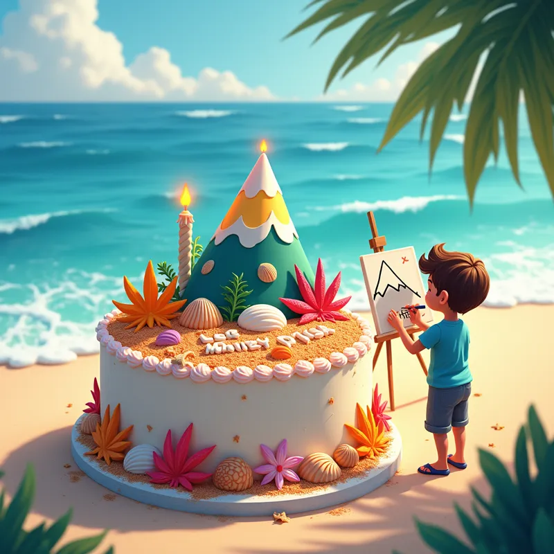 Beach Birthday Cake and Mountain Art - A vibrant birthday cake adorned with seashells and tropical flowers, placed on a sunny beach with waves gently crashing in the background. There is a young man next to the cake drawing a beautiful mountain on a canvas. The image exhibits dreams and anticipation for a wonderful future. - AI image generated with Photorealistic 2