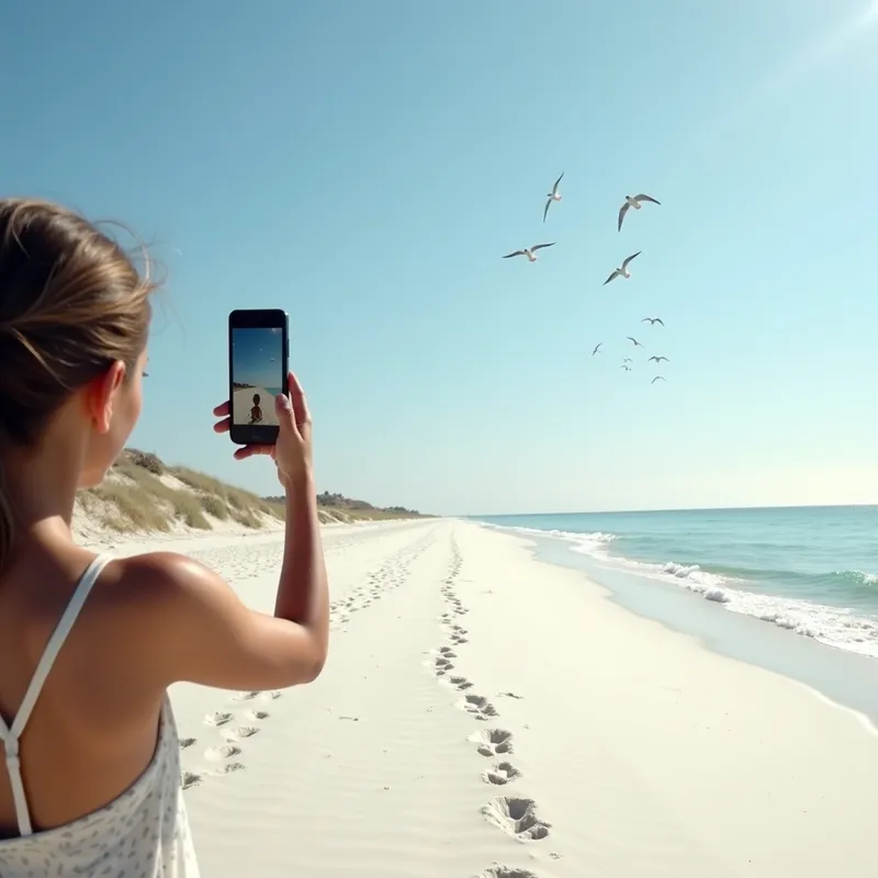 Beach Promenade - An artistic shot of a girl capturing the endless horizon of a white sand beach with her smartphone. The image includes footprints on the sand and distant seagulls against a clear sky. - AI image generated with Photorealistic 2 - photorealistic
