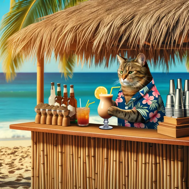 Beachfront Cat Tiki Bar - A beachfront tiki bar run by a relaxed cat bartender. The cat is wearing a Hawaiian shirt, mixing tropical drinks under a thatched roof bar, with palm trees and ocean waves in the background. - AI image generated with Art