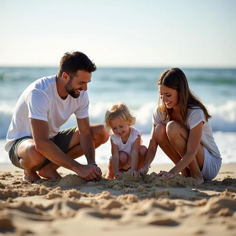 Beachside Family Fun - A father, son, daughter, and mother playing together on a sandy beach. The waves crash gently in the background, and they are building sandcastles and laughing together under the warmth of the sun. - AI image generated with Photorealistic 2