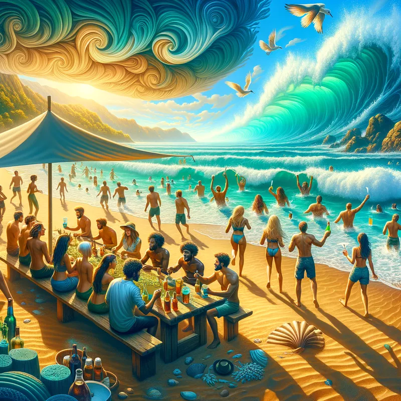 Beachside Harmony - An idyllic beach setting where a group of friends are having a beach party. One group partakes in a refined tea ceremony under a shaded canopy while others experience the exhilarating cold plunge into the ocean's refreshing waters. - AI image generated with Art