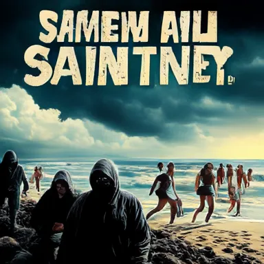 Beachside Menace - A dramatic slasher film poster with a stormy shoreline dominated by masked figures, their threatening presence contrasting with the lively, unaware spring breakers enjoying the beachfront.