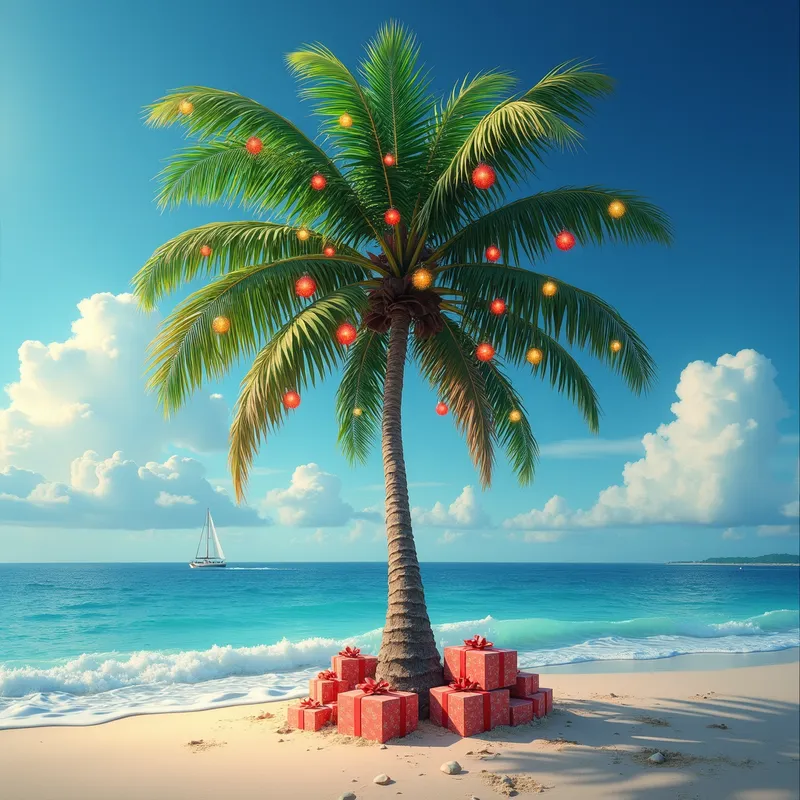 Beachside Yuletide - A picturesque scene of a palm tree on a tropical beach, transformed into a Christmas tree with multicolored lights, ornaments, and gifts underneath. The background features gentle ocean waves lapping at the shore and a bright sky full of fluffy clouds. - AI image generated with Photorealistic 2