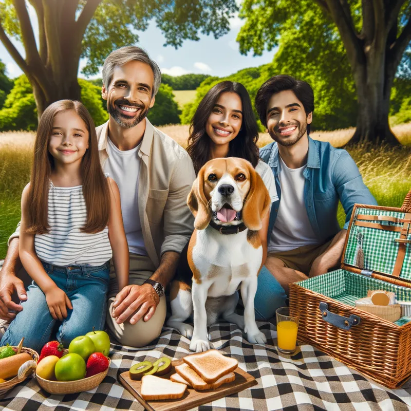 Beagle Picnic - A joyful beagle sitting with a family on a picnic blanket, surrounded by nature and food baskets. - AI image generated with Art