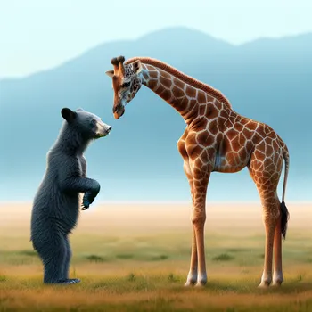 Bear Cub Touching Giraffe's Nose