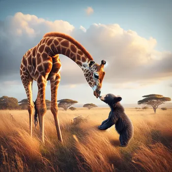 Bear Cub Touching Giraffe's Nose