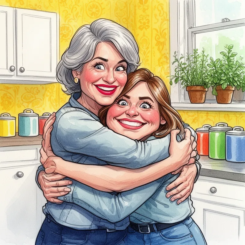 Bear Hug in the Yellow Kitchen - A humorous watercolor and ink illustration in detailed clipart style of a quirky mother with short gray hair and bright lipstick squeezing her pretty 20-something daughter in a huge bear hug. The daughter has long hair, a beautiful smile distorted by the tight embrace, with squished cheeks and bulging eyes. Their arms are wrapped completely around each other, anatomically correct, wearing casual clothes. Use rule of thirds composition, placing the hugging pair off-center for dramatic effect. Set in a colorful yellow kitchen with wallpapered walls, white cabinets, a countertop with colorful canisters, and herbs growing in pots on the windowsill. Exaggerated expressions, playful energy, highly detailed. - AI image generated with Flux 2