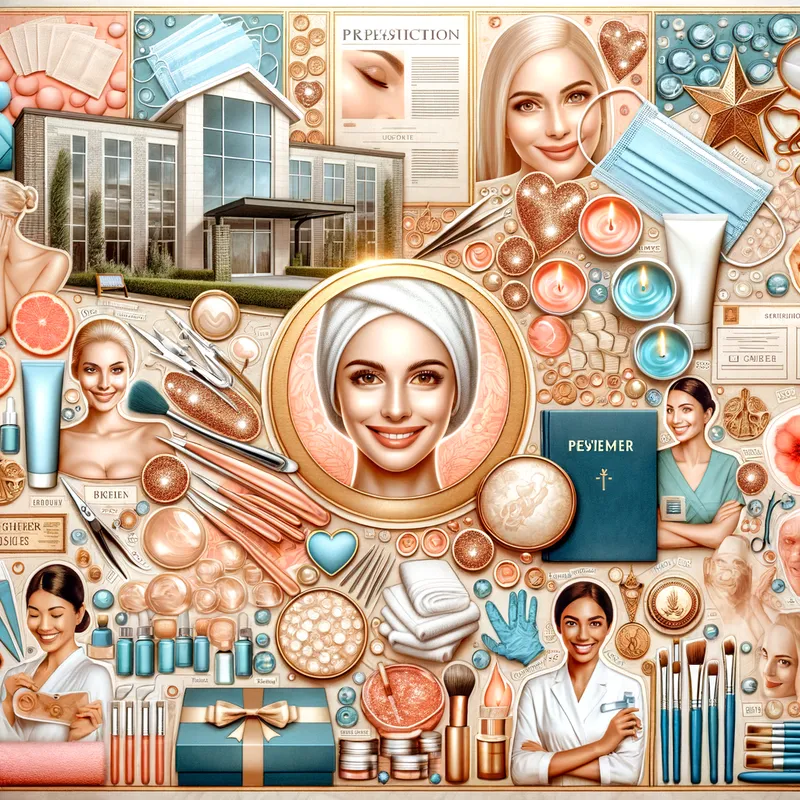 Beauty Goals - A detailed vision board for estheticians with various goals such as opening a skincare clinic, achieving professional certifications, and providing exceptional customer service. - AI image generated with Art