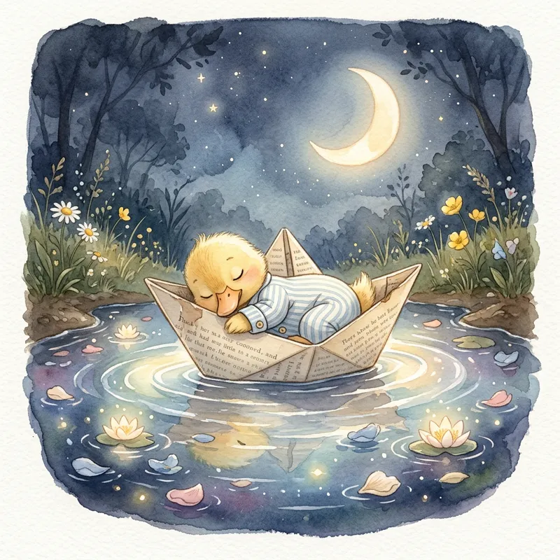 Bedtime Voyage of the Little Duck - Modern children's storybook watercolor of a small, softly-feathered duckling in pale striped pajamas nestled in a paper boat. The boat floats gently on a luminous shallow puddle decorated with flower petals and soft ripples, reflecting a peaceful night sky, moonlight, and subtle stars. The scene is warmly lit with soft glows, painted with delicate brushwork, pastel color palette, and visible paper texture. The calm, centered composition is inspired by Beatrix Potter and Carson Ellis. - AI image generated with Nano Banana 2