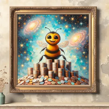 Bee on Coins, Pastel Oil Masterpiece