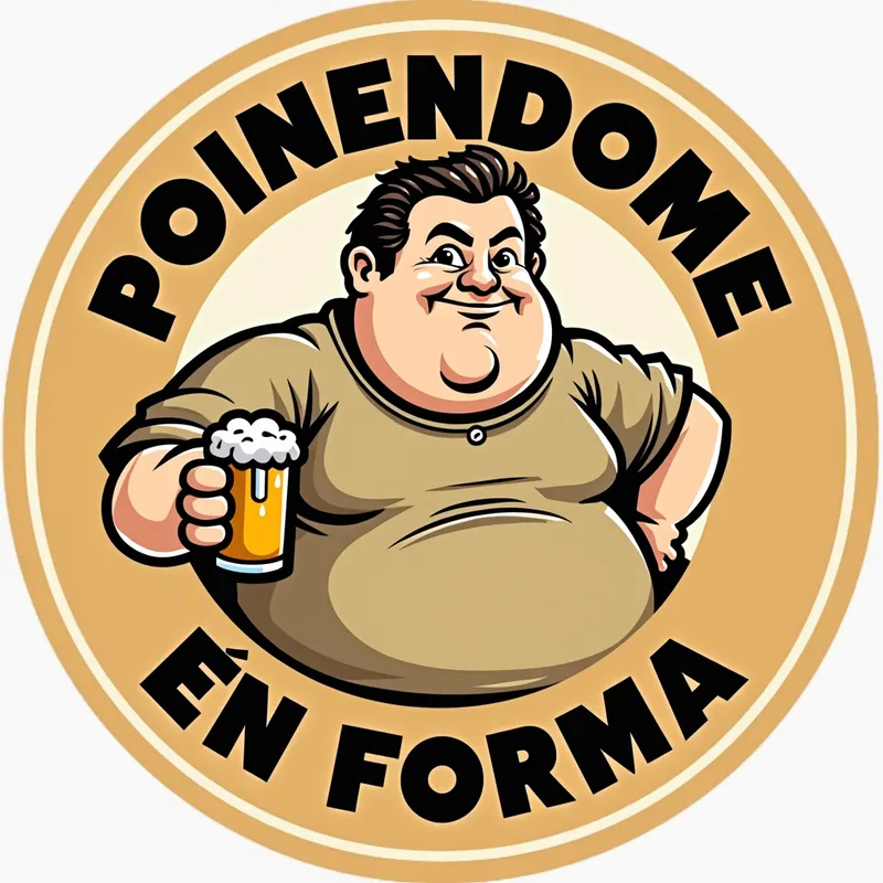 Beer Lover's Round Logo - Design a circular logo with a humorous caricature of an overweight person holding a beer mug. The words 'PONIENDOME' should be at the top and 'EN FORMA' at the bottom. - AI image generated with Text