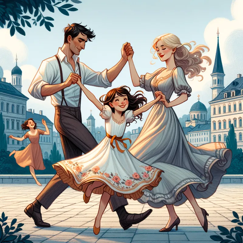 Belgrade Encounter - A book cover that illustrates a dark-haired man in his middle 30s, a young brunette girl about age 5, and a lovely blonde woman at the end of her 20s dancing joyfully. The background shows a serene park in Belgrade. like your Belgrade Serenade but the woman need to be blonde - AI image generated with Art
