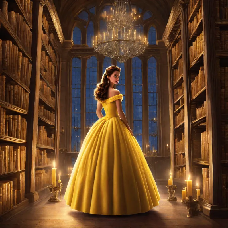 Belle's Library - Belle from Beauty and the Beast, wearing her iconic yellow ball gown, standing in an enormous, magical library filled with towering bookshelves and a gentle glow of candlelight. - AI image generated with Fictional
