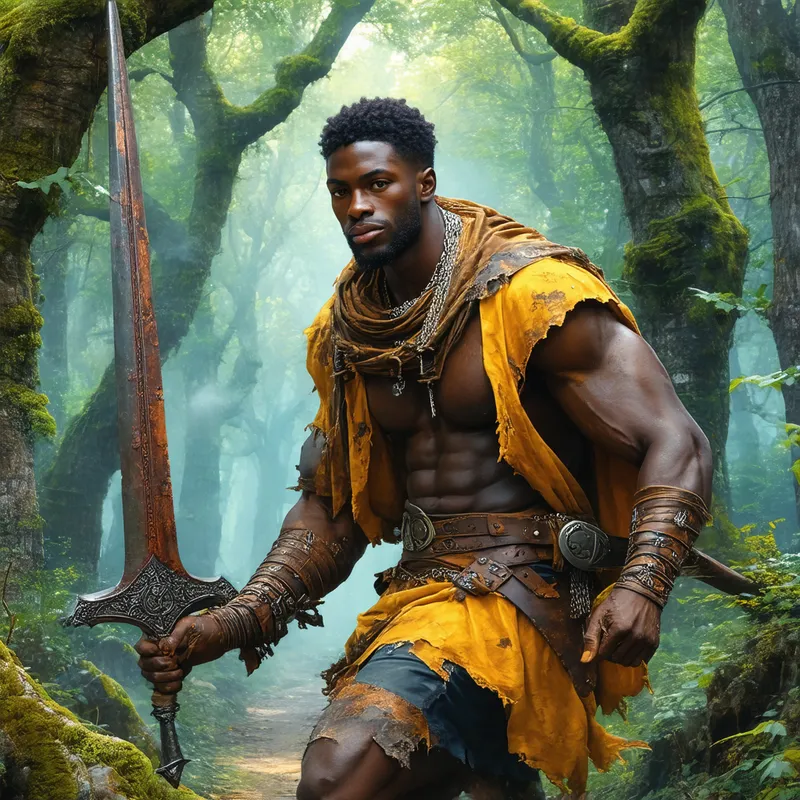 Benevolent Wanderer - A black man with a warm expression, dressed in patched hides and gripping a rusty shortsword, traversing through an enchanted forest. - fantasy art
