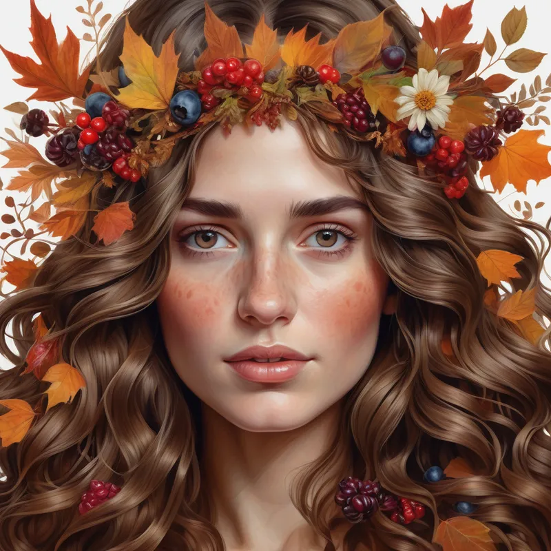 Berry Crown Elegance - A highly detailed, artsy portrait of a woman with long, wavy brown hair featuring a crown of autumn flowers and berries, bold vibrant tones, refined facial details, isolated on a transparent background. - AI image generated with Photorealistic - chalk