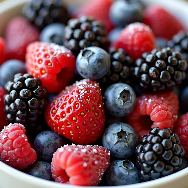 Berry Extravaganza - A close-up shot of a mixed berry bowl, highlighting the rich textures and colors of strawberries, blueberries, raspberries, and blackberries, with a light dusting of powdered sugar. - AI image generated with Photorealistic 2
