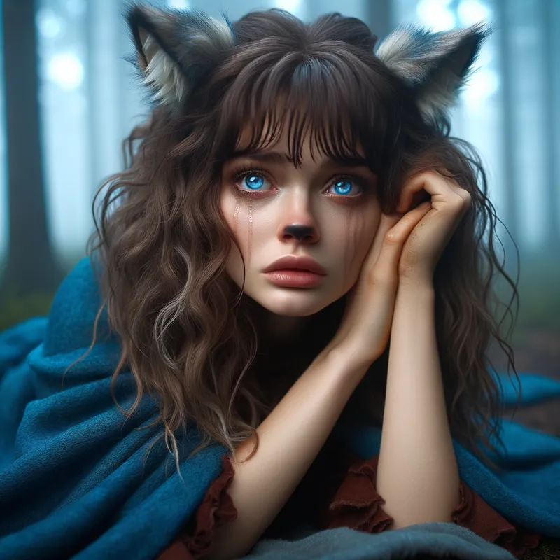 Betrayed Wolf-Eared Woman - A young woman with brown, curly hair and bangs, blue eyes filled with hurt betrayal. She wears a blue cloak that reveals her wolf ears. She lays prone on the ground, her expression one of sorrowful disbelief, in a misty forest setting. - AI image generated with Art