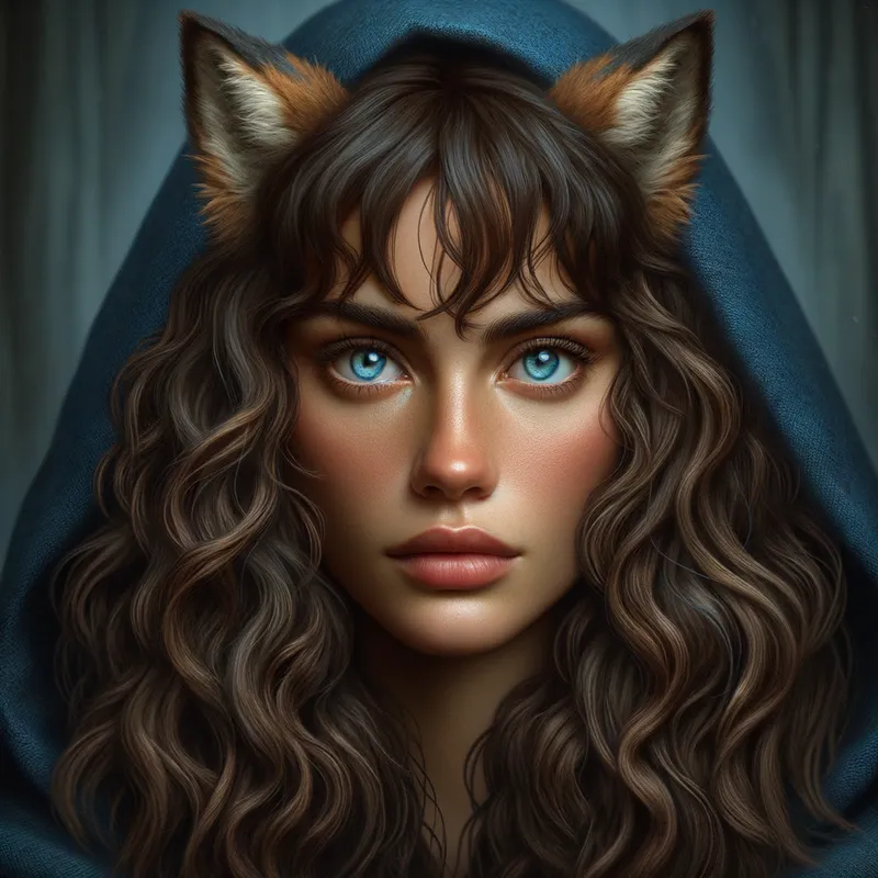 Betrayed Wolf Maiden - A woman with brown, curly hair and bangs, blue eyes, and wolf ears exposed through a blue cloak. She is lying prone with a look of deep betrayal on her face, the moody lighting accentuating her expressive eyes. - AI image generated with Art