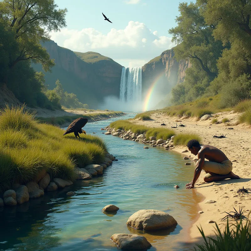 Between Water and Wasteland - A cinematic landscape scene featuring a distant waterfall that feeds a winding stream reaching toward the front of the image. to the left side of the base of the waterfall, a small rainbow is visible. The stream has slightly raised banks and narrow sandy edges, with rocks and tufts of grass lining the left side. A large rock sits in the water as a natural centerpiece. In the foreground, just before the stream leaves the page, a person kneels on hands and knees to drink from it. The land on the left side of the stream is alive and beautiful with thriving trees, lush green grass, reaching the bank, mossy stones, and rich earthy texture, a herd of deer, an eagle flying,. The land on the right side is dry desert with pale sand, loose stones, scorpions, and cacti, no grass or trees. Highly detailed, emotionally symbolic, strong environmental storytelling. - AI image generated with Text