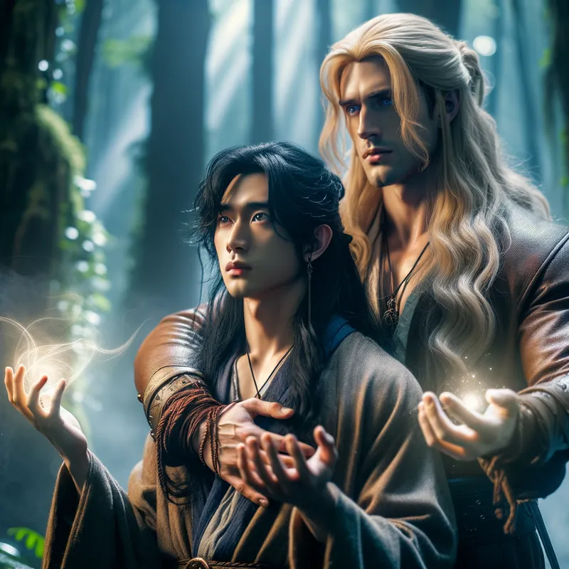 Between Worlds - Set in a mystical forest, a young mage with long, black hair is being gently held by a stronger, taller golden-haired male. The atmosphere is filled with magical energies and the essence of adventure. - AI image generated with Art