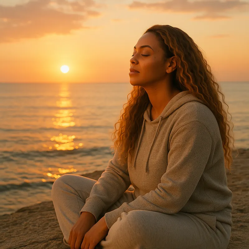 Beyoncé at a Peaceful Seaside Sunset - Create a hyper-realistic image of Beyoncé sitting peacefully at a seaside during sunset. She should be wearing casual, comfortable clothing that reflects the tranquility of the moment. The warm glow of the setting sun should illuminate her figure and the calm ocean behind her, creating a serene, relaxing atmosphere with detailed attention to the colors and textures of the scene. - AI image generated with GPT Image