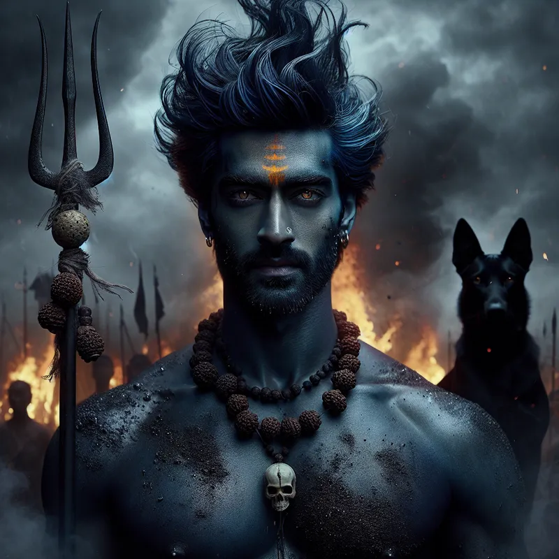 Bhairav: The Storm-Bearer - Visualize Bhairav as a formidable presence forged from the darkness of a gathering storm, his indigo-black skin shimmering faintly in scarce light. His hair flares upward like living flames, untamed and restless. His gaze, blazing gold and unwavering, commands attention and dissolves fear. A necklace of rudraksha beads and tiny skulls symbolizes transcendence over cycles. Across his ash-dusted muscular chest, ethereal light glows softly. He grips a functional, razor-edged trident and a skull bowl, displaying contemplative power. At his feet, a watchful black dog stands sentinel. Encircling them are shattered ruins and twilight mist of the cremation ground, where the veil between worlds thins, expressing both fierce presence and profound peace. - AI image generated with DALL-E 3