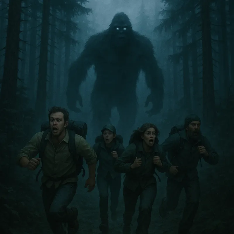 Bigfoot Chase in Twilight Forest - A dense forest with towering trees, a group of hikers running in fear, and a large, shadowy Bigfoot figure chasing after them. The scene is set during twilight, with a hint of fog adding to the eerie atmosphere. - AI image generated with GPT Image