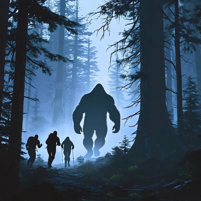 Bigfoot Chase in Twilight Forest - A dense forest with towering trees, a group of hikers running in fear, and a large, shadowy Bigfoot figure chasing after them. The scene is set during twilight, with a hint of fog adding to the eerie atmosphere. - AI image generated with Nova Canvas