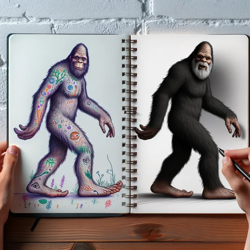 Bigfoot's Hidden Half - The right half of a whimsical bigfoot is drawn in a white notebook with colorful. The real bigfoot is standing behind the notebook, with the left half visible. - AI image generated with Art