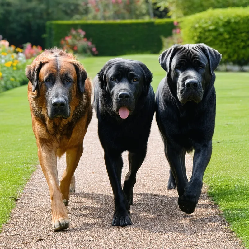 Biggest Pet Parade - A captivating photo showcasing the three largest dogs in the world walking together in a serene garden. Their calm demeanor highlights their gentleness despite their massive size.