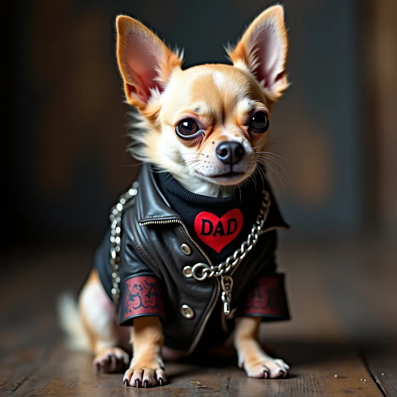 Biker Chihuahua - A small Chihuahua with a 'DAD' heart tattoo prominently displayed on its forearm. The dog is dressed in a biker outfit with chains, a bandana, and a cool attitude. - AI image generated with Photorealistic 2