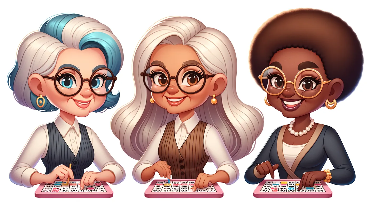 Bingo Babes - 3 cartoon old ladies. One with brown glasses, short grey hair with blue streaks on left hand side. One thin with long blonde hair.  One large with short blond hair. All Playing bingo - AI image generated with Art