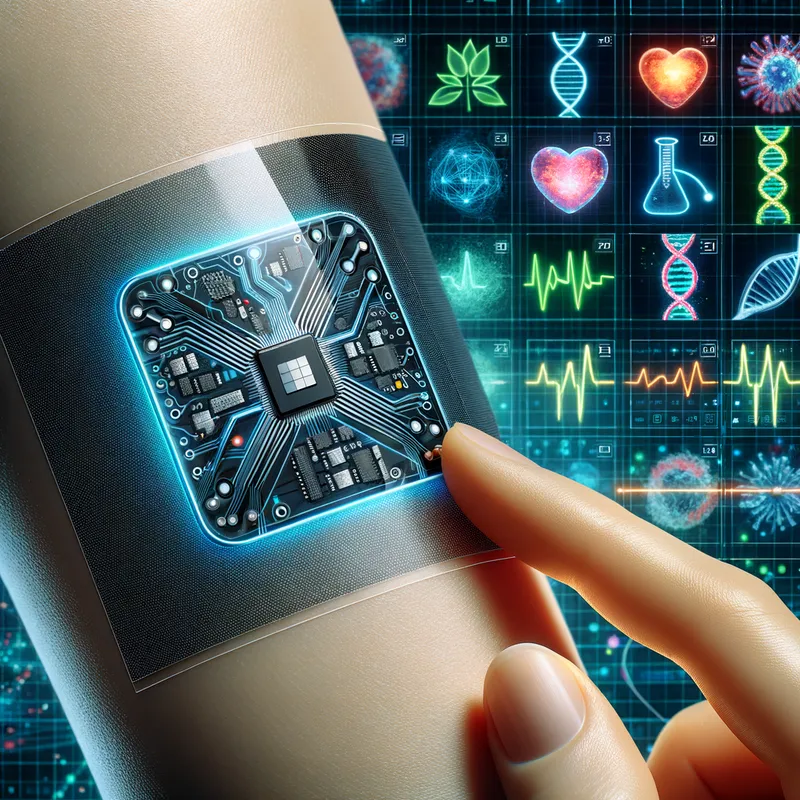 Bio-Sensor Patch - A sleek, thin patch adhered to the skin, intricately designed with visible circuits and microchips. The background showcases various biological symbols such as DNA strands and vital signs, emphasizing its use in diagnostics. - AI image generated with Art