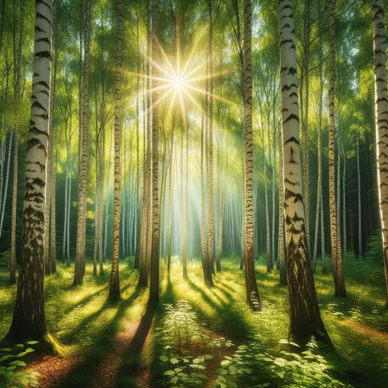 Birch Canopy - Birch Canopy: Visualize a tranquil scene—a thick birch grove, sunlight filtering through the leaves, casting dappled shadows on the ground. - AI image generated with Art