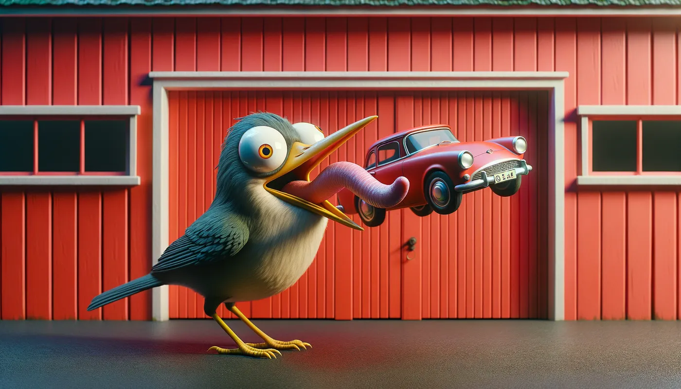 Bird's-Eye View - A bird, mid-collision with a vibrant red garage, its beak and eyes enveloped by a portly worm, forming a whimsical and captivating scene. - AI image generated with Art