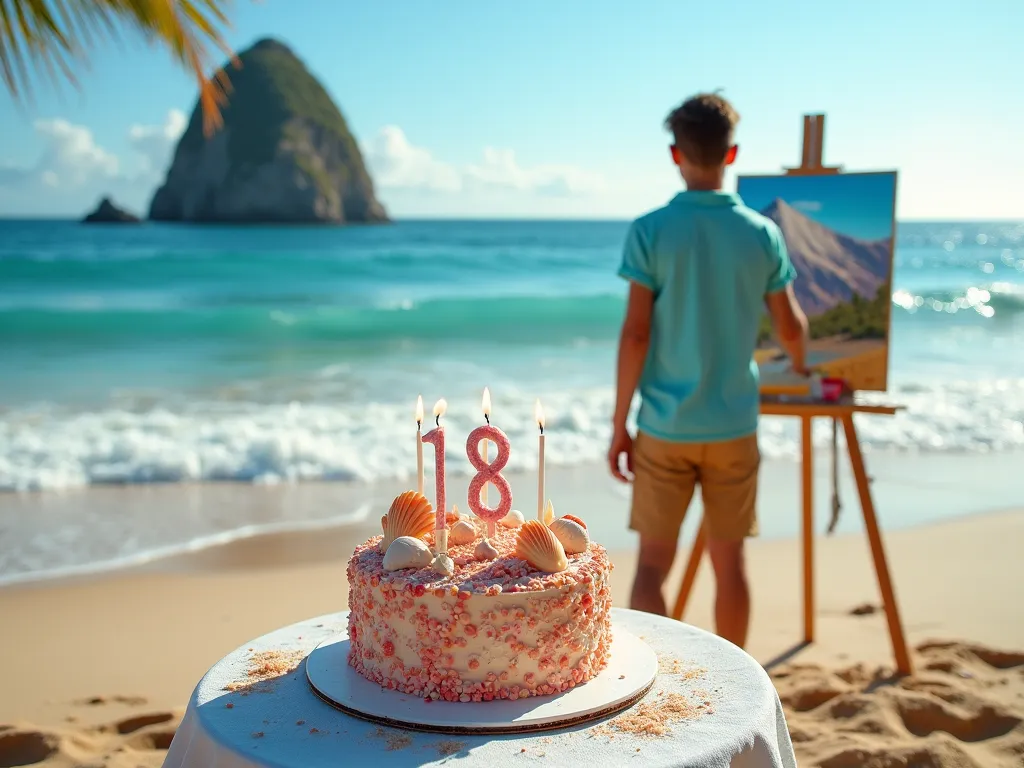 Birthday Beach Scene with Art and Dreams - A vibrant birthday cake decorated with seashells sits on a small table on a sunny beach, waves gently rolling in behind it. An 18‑year‑old young man stands beside the table, painting a beautiful mountain on a canvas. The scene radiates dreams, ambition, and the anticipation of a bright future. - AI image generated with Photorealistic 2