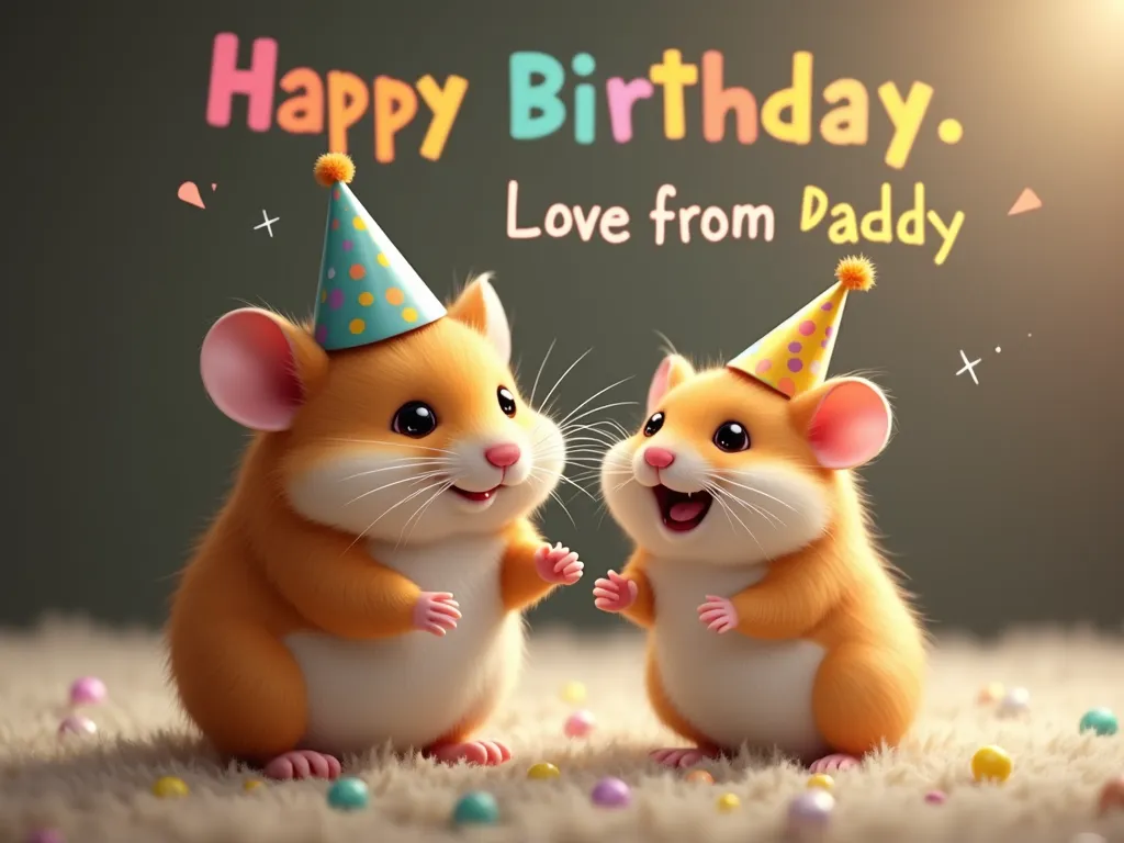 Birthday Celebration - A warm and cozy scene featuring two hamsters, a father and his son, celebrating the son's birthday. The son hamster is excited and has a small party hat on. Colorful words spell out 'Happy Birthday Ronald. Love from Daddy' in the background. - AI image generated with Photorealistic 2