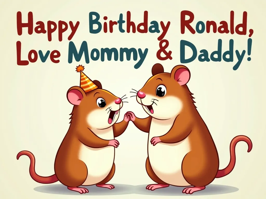 Birthday Celebration - A charming scene with a father and son hamster celebrating a birthday. The young hamster is excited and sports a small party hat. Colorful text in the background spells out 'Happy Birthday Ronald, Love Mommy & Daddy'. - AI image generated with Photorealistic 2