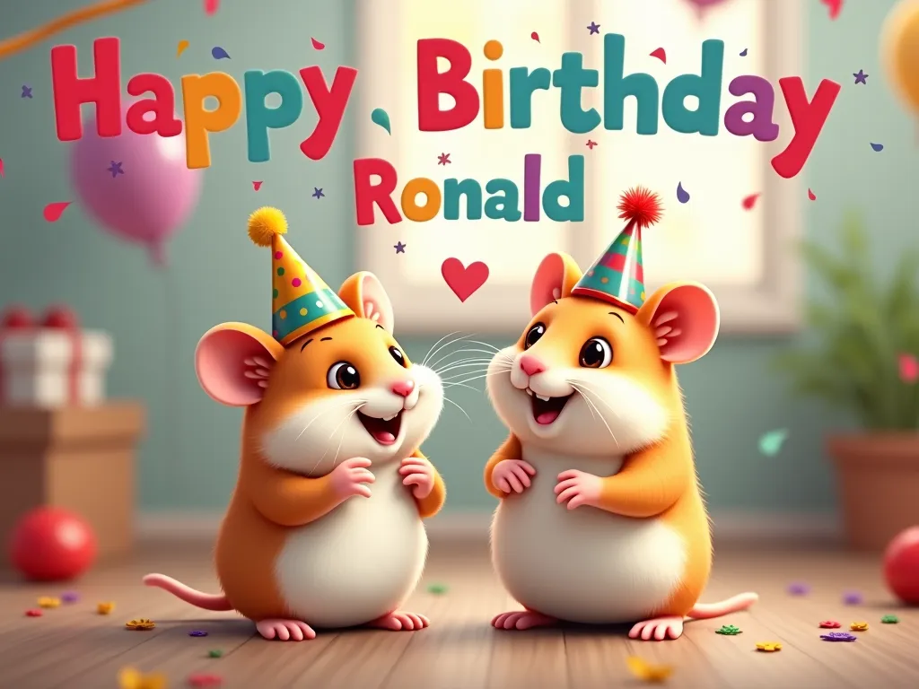 Birthday Celebration Hamsters - A charming scene with a father and son hamster celebrating a birthday. The young hamster is excited and sports a small party hat. Colorful text in the background spells out 'Happy Birthday Ronald, Love Mommy & Daddy'. The room is decorated with balloons and streamers. - AI image generated with Photorealistic 2