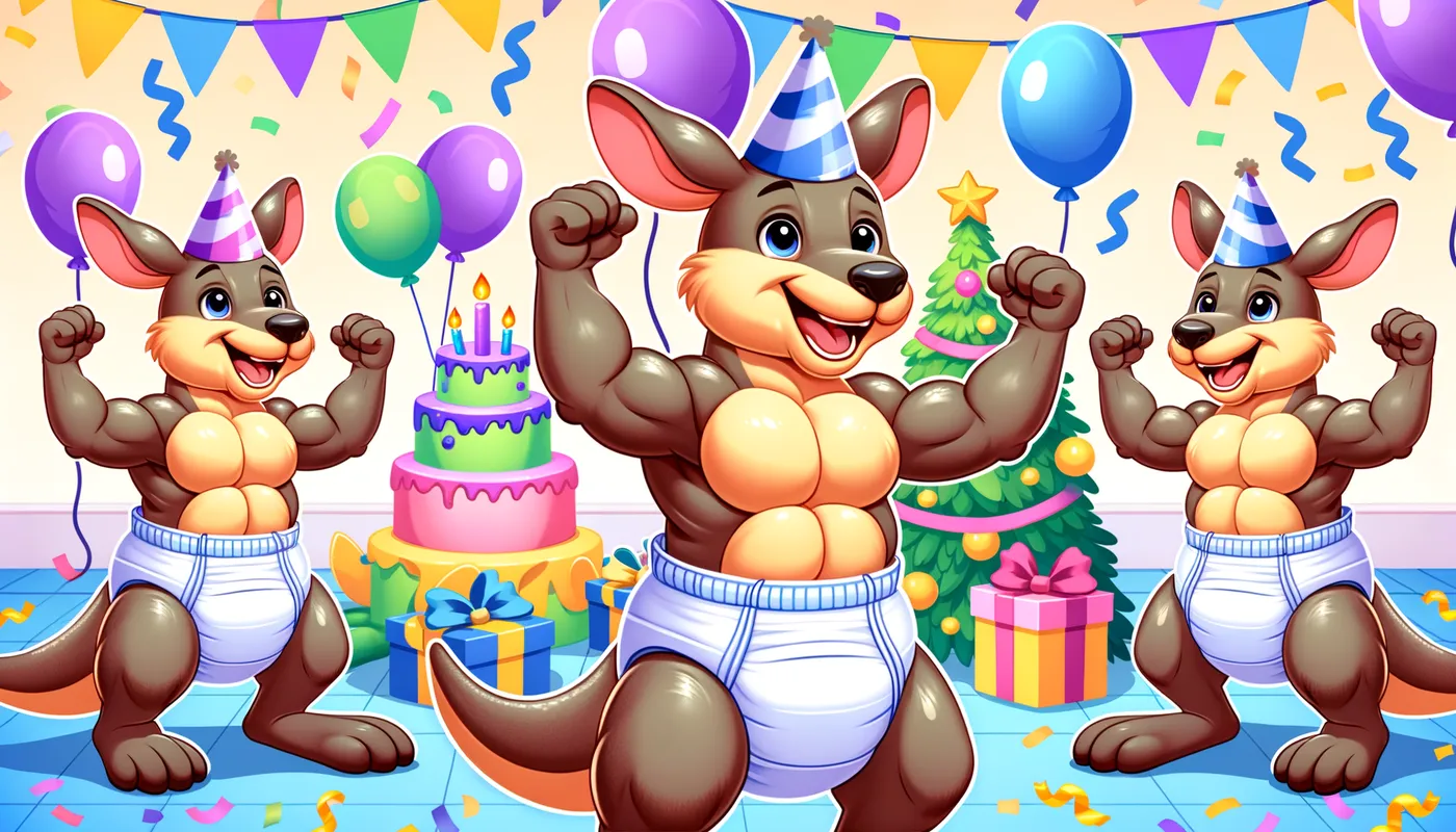 Birthday Joy for Diapered Kangaroos - Happy muscular kangaroos in thick diapers engaged in birthday festivities, with bright decorations, lively games, and joyous expressions. - AI image generated with Art