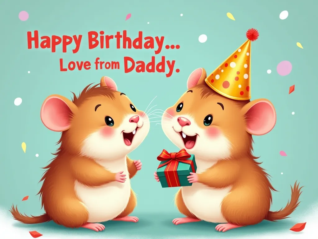 Birthday Joy for Ronald - A charming image of two hamsters, father and son, enjoying a birthday celebration. Ronald the young hamster has a party hat on, and his father is holding a small present. The words 'Happy Birthday Ronald. Love from Daddy' are written in the background with bright, cheerful colors. - AI image generated with Photorealistic 2