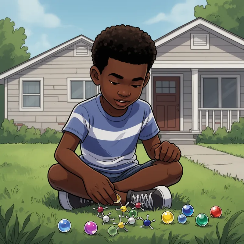 Black Boy Playing Jacks in Yard - A stylized digital illustration with bold outlines and cel-shaded coloring of a black boy playing with jacks and marbles in the front yard of a house - AI image generated with Flux 2