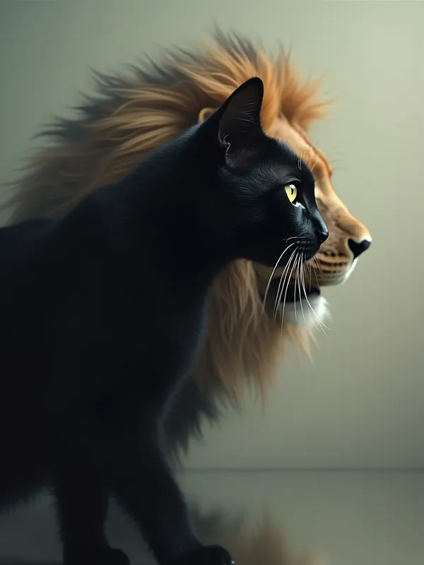 Black Cat, Lion Reflection - image of a black cat and its reflection as a lion - AI image generated with Photorealistic 2 - motion blur, picture of the day, surrealismus